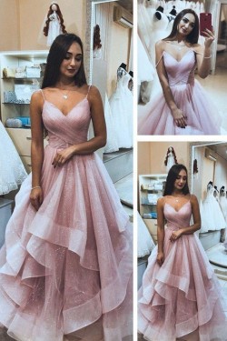 A-Line Sequins Tulle V-Neck Long Prom Dresses Formal Evening Gowns 6011029