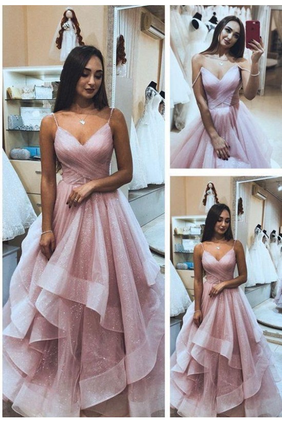 A-Line Sequins Tulle V-Neck Long Prom Dresses Formal Evening Gowns 6011029