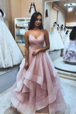 A-Line Sequins Tulle V-Neck Long Prom Dresses Formal Evening Gowns 6011029