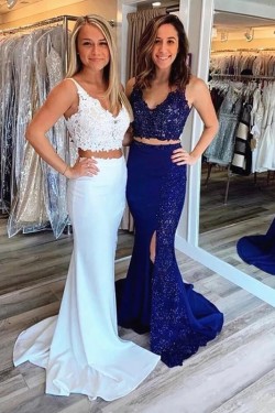 Mermaid Beaded Lace Two Pieces Long Prom Dresses Formal Evening Gowns 6011030