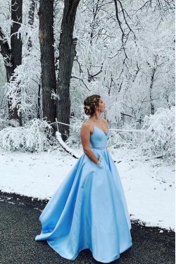 A-Line Long Blue V-Neck Prom Dresses Formal Evening Gowns 6011034