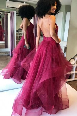 A-Line Tulle V-Neck Long Prom Dresses Formal Evening Gowns 6011035