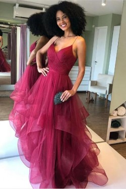 A-Line Tulle V-Neck Long Prom Dresses Formal Evening Gowns 6011035