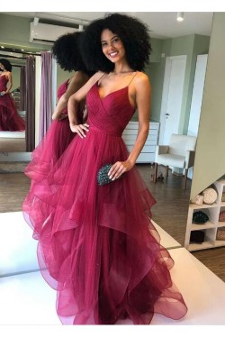 A-Line Tulle V-Neck Long Prom Dresses Formal Evening Gowns 6011035