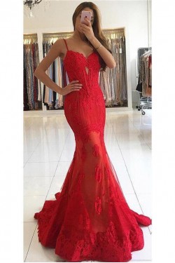 Mermaid Long Red Lace Prom Dresses Formal Evening Gowns 6011036