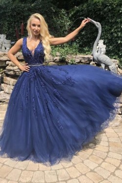 A-Line Lace V-Neck Long Prom Dresses Formal Evening Gowns 6011038