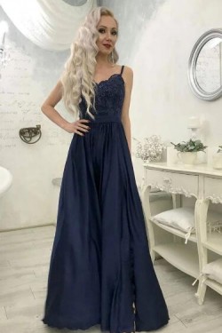 A-Line Spaghetti Straps Lace Long Navy Prom Dresses Formal Evening Gowns 6011039