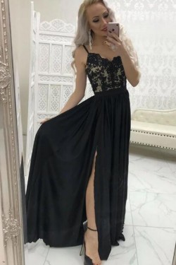 A-Line Spaghetti Straps Lace Long Black Prom Dresses Formal Evening Gowns 6011040