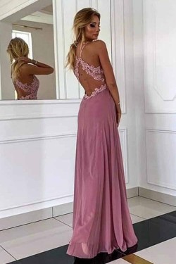 A-Line Lace Chiffon V-Neck Long Prom Dresses Formal Evening Gowns 6011041
