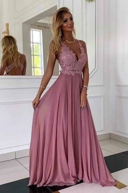 A-Line Lace Chiffon V-Neck Long Prom Dresses Formal Evening Gowns 6011041
