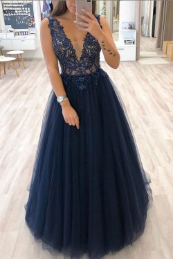 A-Line Beaded Lace Tulle Long Prom Dresses Formal Evening Gowns 6011050