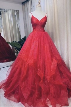 A-Line Tulle Long Red Prom Dresses Formal Evening Gowns 6011051