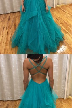 A-Line Tulle V-Neck Long Prom Dresses Formal Evening Gowns 6011053