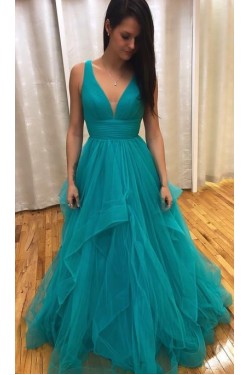 A-Line Tulle V-Neck Long Prom Dresses Formal Evening Gowns 6011053