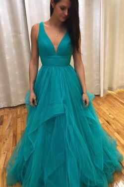 A-Line Tulle V-Neck Long Prom Dresses Formal Evening Gowns 6011053