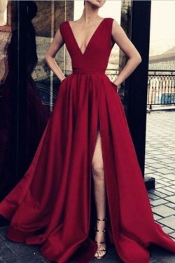A-Line V-Neck Long Prom Dresses Formal Evening Gowns 6011055