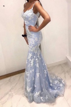 Mermaid Spaghetti Straps Lace Long Prom Dresses Formal Evening Gowns 6011059