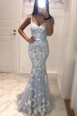 Mermaid Spaghetti Straps Lace Long Prom Dresses Formal Evening Gowns 6011059