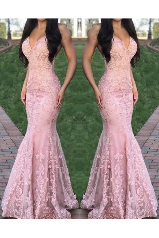 Mermaid Lace V-Neck Long Prom Dresses Formal Evening Gowns 6011074