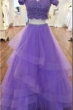 A-Line Beaded Lace Tulle Two Pieces Long Prom Dresses Formal Evening Gowns 6011080