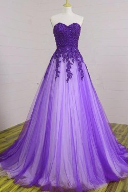 A-Line Beaded Lace Tulle Long Prom Dresses Formal Evening Gowns 6011083