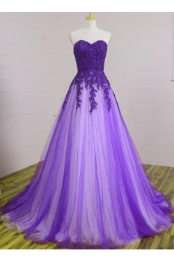 A-Line Beaded Lace Tulle Long Prom Dresses Formal Evening Gowns 6011083