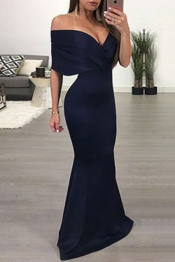 Mermaid Off-the-Shoulder Long Navy Prom Dresses Formal Evening Gowns 6011089