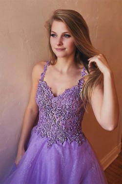 A-Line Beaded Lace Tulle Long Prom Dresses Formal Evening Gowns 6011108