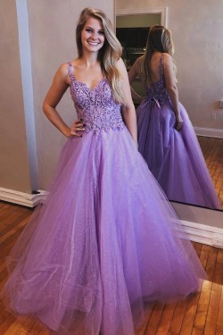 A-Line Beaded Lace Tulle Long Prom Dresses Formal Evening Gowns 6011108