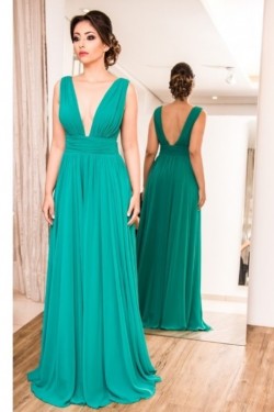 A-Line Chiffon V-Neck Long Formal Evening Dresses Wedding Party Gowns 6011115