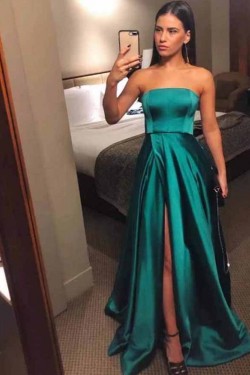 A-Line Strapless Long Satin Prom Dresses Formal Evening Gowns 6011117