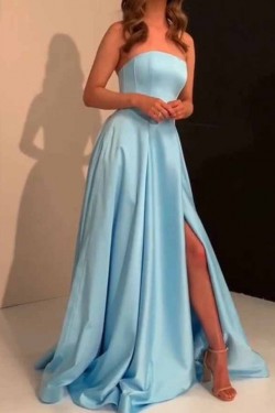 A-Line Strapless Long Satin Prom Dresses Formal Evening Gowns 6011117