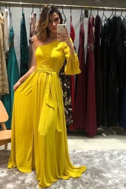 A-Line One Sleeves Long Prom Dresses Formal Evening Gowns 6011124