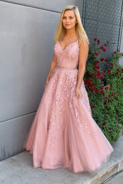 A-Line Lace Two Pieces Long Prom Dresses Formal Evening Gowns 6011140