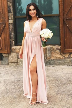 A-Line V-Neck Chiffon Long Prom Dresses Formal Evening Gowns 6011141