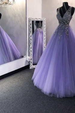 Ball Gown Beaded Tulle Long Prom Dresses Formal Evening Gowns 6011142