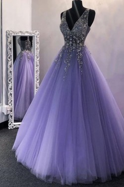 Ball Gown Beaded Tulle Long Prom Dresses Formal Evening Gowns 6011142