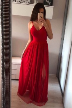 A-Line Long Red Chiffon V-Neck Prom Dresses Formal Evening Gowns 6011144