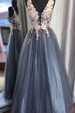 A-Line Lace Tulle V-Neck Long Prom Dresses Formal Evening Gowns 6011156