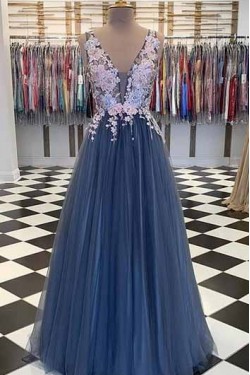 A-Line Lace Tulle V-Neck Long Prom Dresses Formal Evening Gowns 6011156