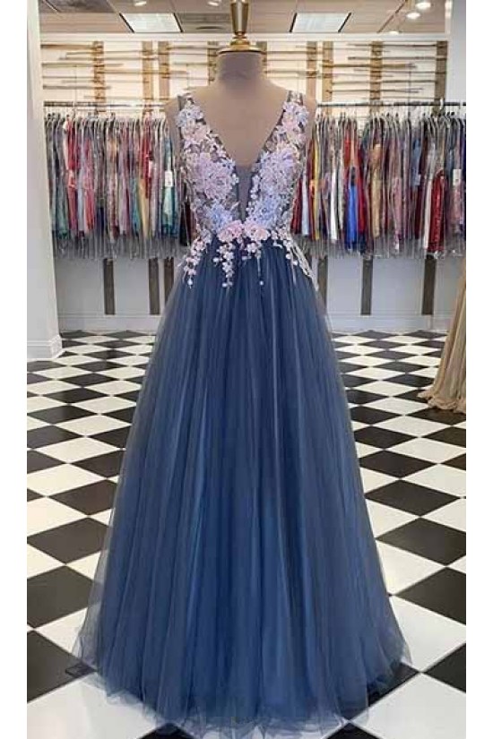 A-Line Lace Tulle V-Neck Long Prom Dresses Formal Evening Gowns 6011156 A-Line Lace Tulle V-Neck Long Prom Dresses Formal Evening Gowns 6011156