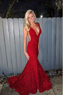 Mermaid V-Neck Long Red Sequins Prom Dresses Formal Evening Gowns 6011159