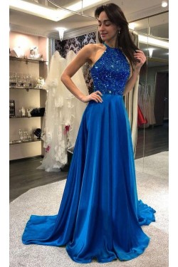 A-Line Beaded Long Prom Dresses Formal Evening Gowns 6011162