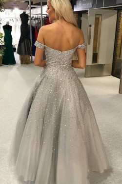A-Line Beaded Off-the-Shoulder Long Prom Dresses Formal Evening Gowns 6011164