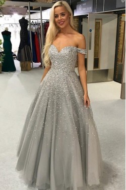 A-Line Beaded Off-the-Shoulder Long Prom Dresses Formal Evening Gowns 6011164