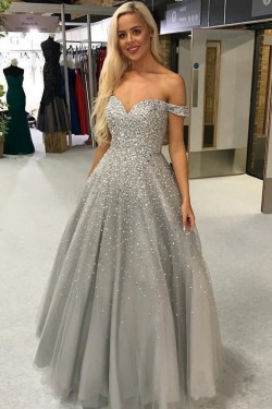 A-Line Beaded Off-the-Shoulder Long Prom Dresses Formal Evening Gowns 6011164