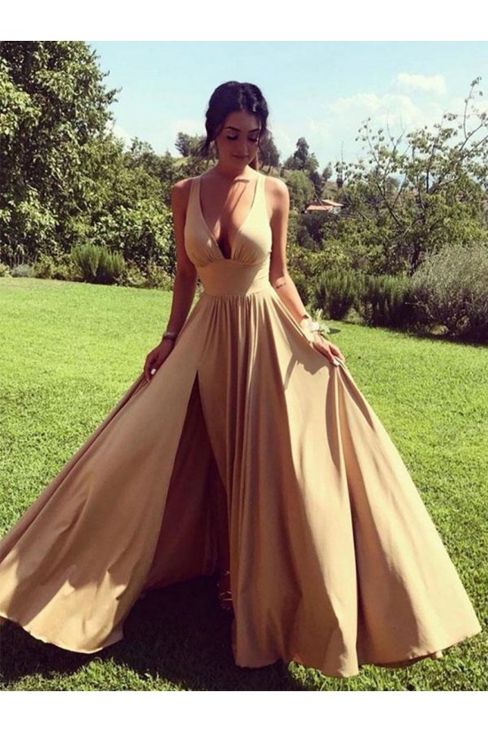 Elegant A-Line V-Neck Long Prom Dresses Formal Evening Gowns 6011172