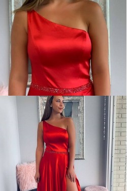 A-Line One-Shoulder Beaded Long Prom Dresses Formal Evening Gowns 6011176