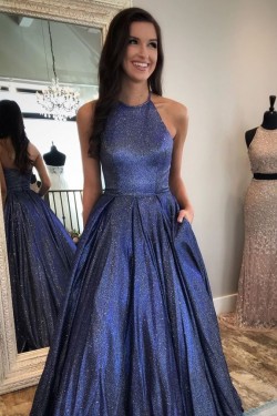 A-Line Halter Sparkly Long Prom Dresses Formal Evening Gowns 6011180