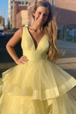 Long Yellow Tulle V-Neck Prom Dresses Formal Evening Gowns 6011189